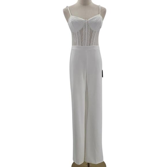 LULU'S M Perfectly Sultry White Sheer Mesh Bustier Wide-Leg Jumpsuit NWT B84 - Picture 3 of 14